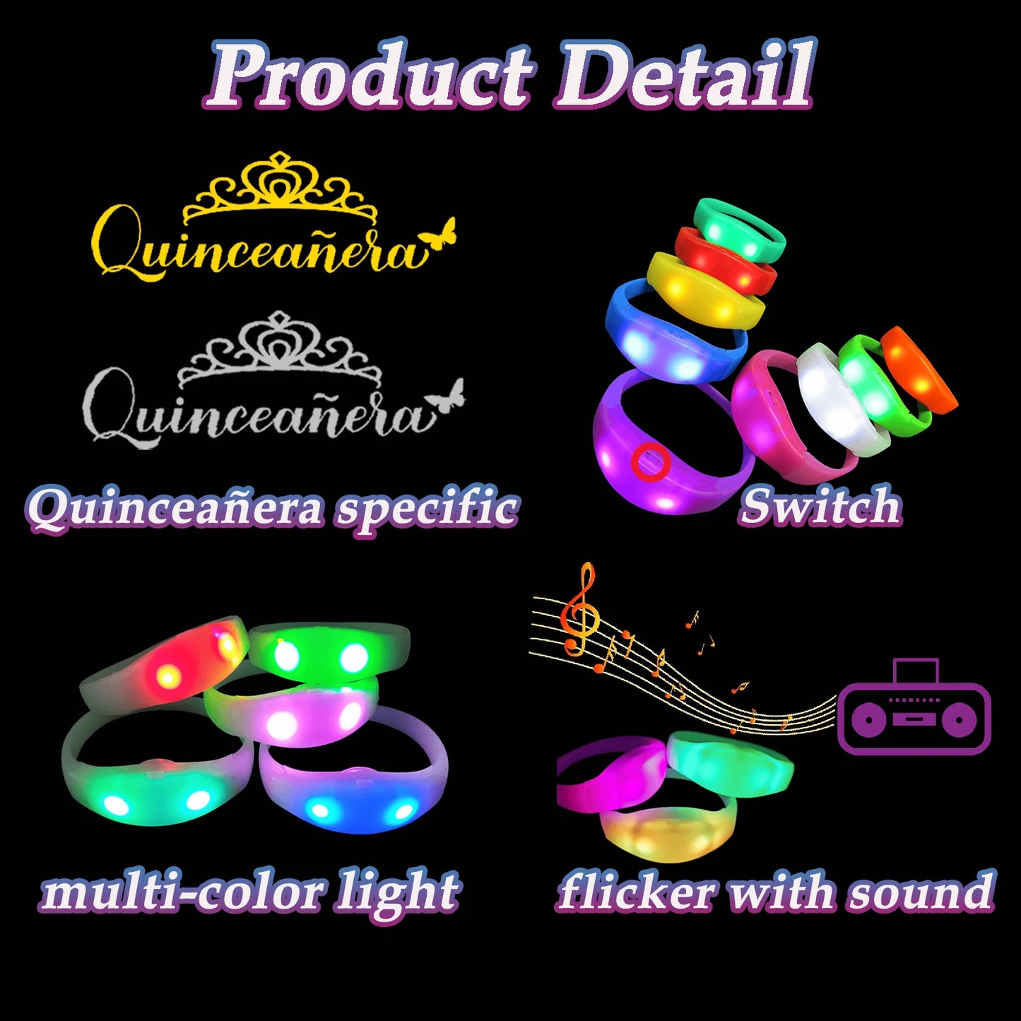 30-200Pcs Quinceanera Music & Sound Activated LED Bracelet Glow Recuerdos Para 15 Años XV Quinceañeras decorations Party Favors