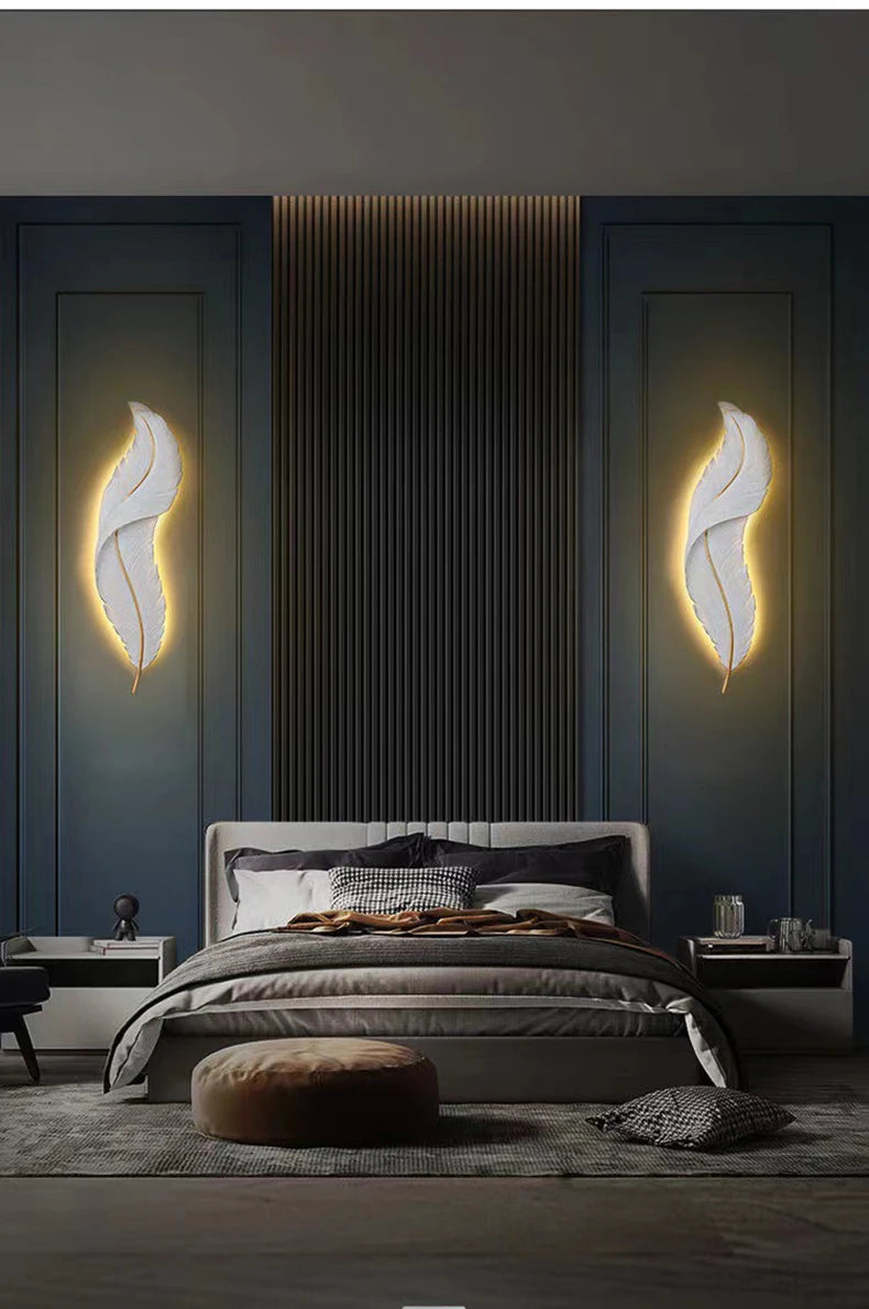 Nordic feather wall lamp, living room, bedroom, headboard, foyer, creative feather lamp, resin aisle, minimalist background ligh