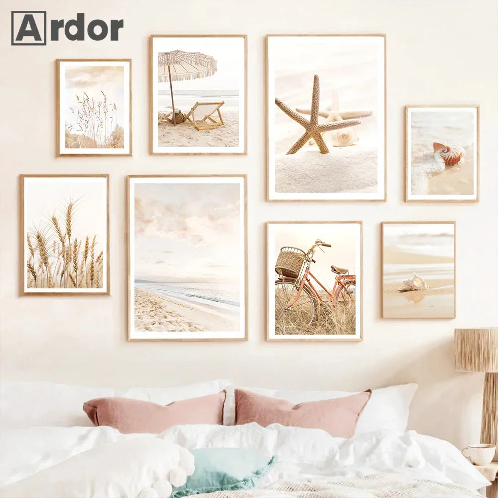 Boho Nordic Beige Beach Starfish Shells Reeds Bike Wall Art Canvas Painting Posters And Prints Pictures Living Room Home Decor