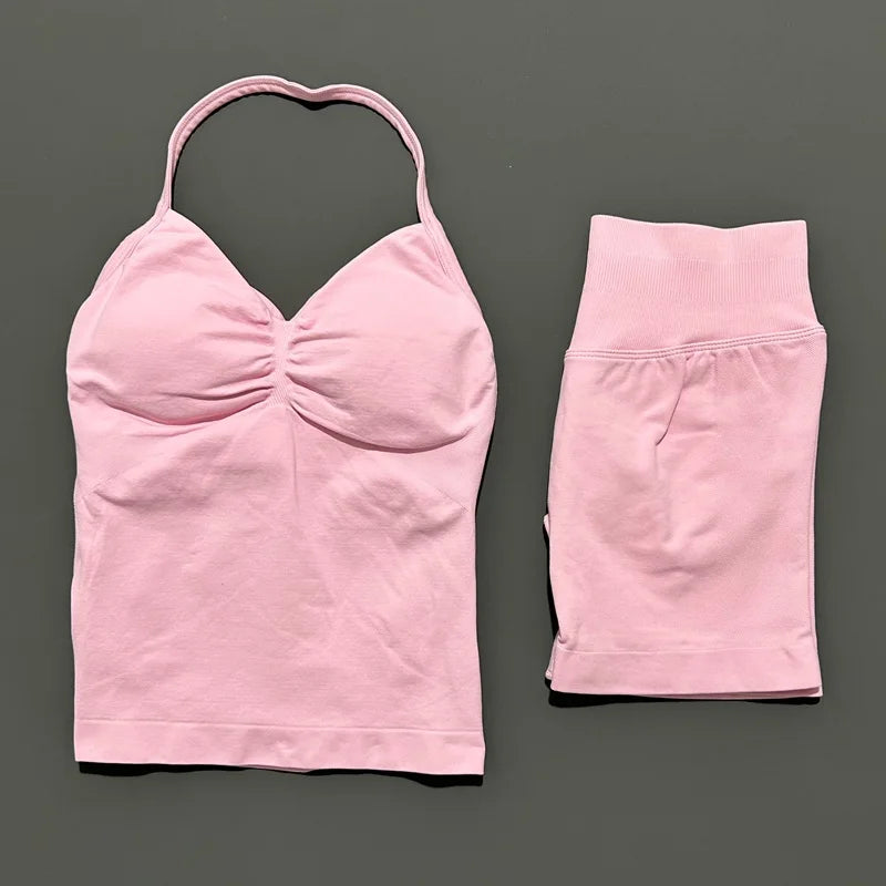 2 Pieces Sports Set Women Backless Tank Yoga Tops High Waist