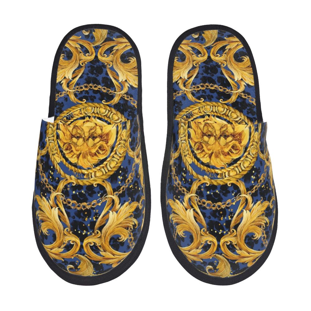 Custom Vintage Baroque Prints Greek Ornament Golden Meander Meandros Soft Scuff Memory Foam Slippers Women Hotel House Shoes