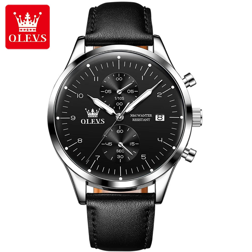 OLEVS 2880 Men Quartz Watch Business Dress Wristwatch Leather Luminous Date 30M Water Resistant Chronograph Style Dial