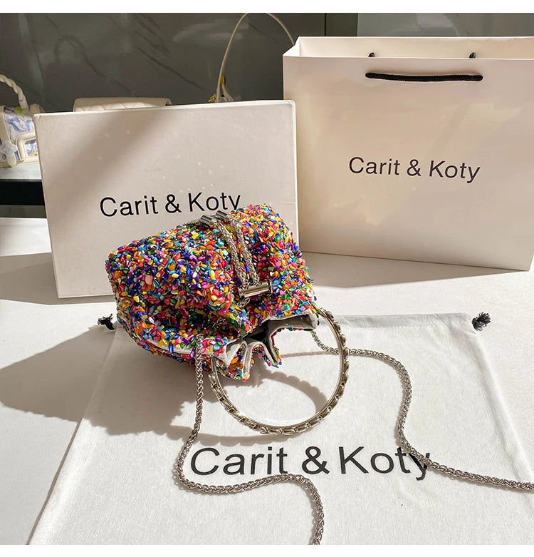 Luxury Designer Colorful Stones Evening Clutch Bag Wedding Party Bucket Purse Metal Handle Women Handbag Shoulder Messenger Bag