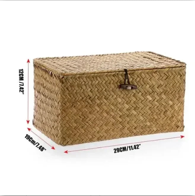 +Handwoven Seagrass Shelf Basket with Lid, Rectangular Desktop Organizer for Makeup & Sundries