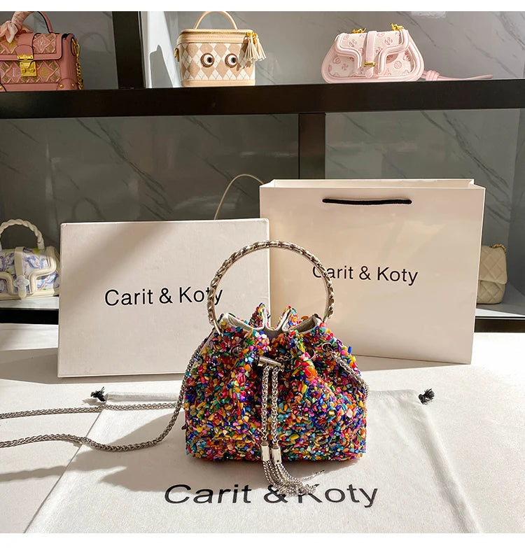 Luxury Designer Colorful Stones Evening Clutch Bag Wedding Party Bucket Purse Metal Handle Women Handbag Shoulder Messenger Bag