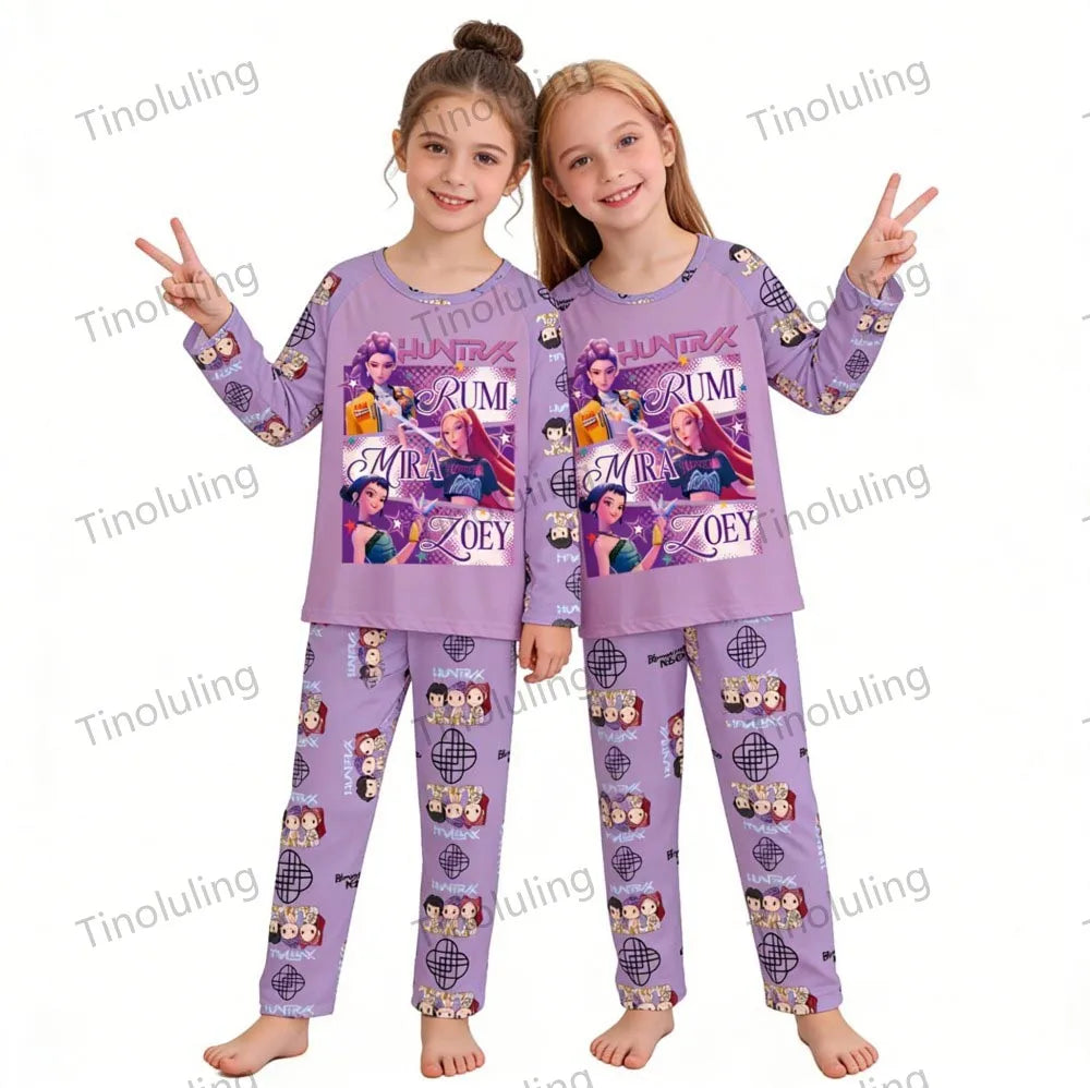 KPop Demon Hunters Huntrix Kids Pajamas Set Long Sleeve Girls Clothing 2pcs Children's Sleepwear Cartoon Boys Nightwear 3-14Y