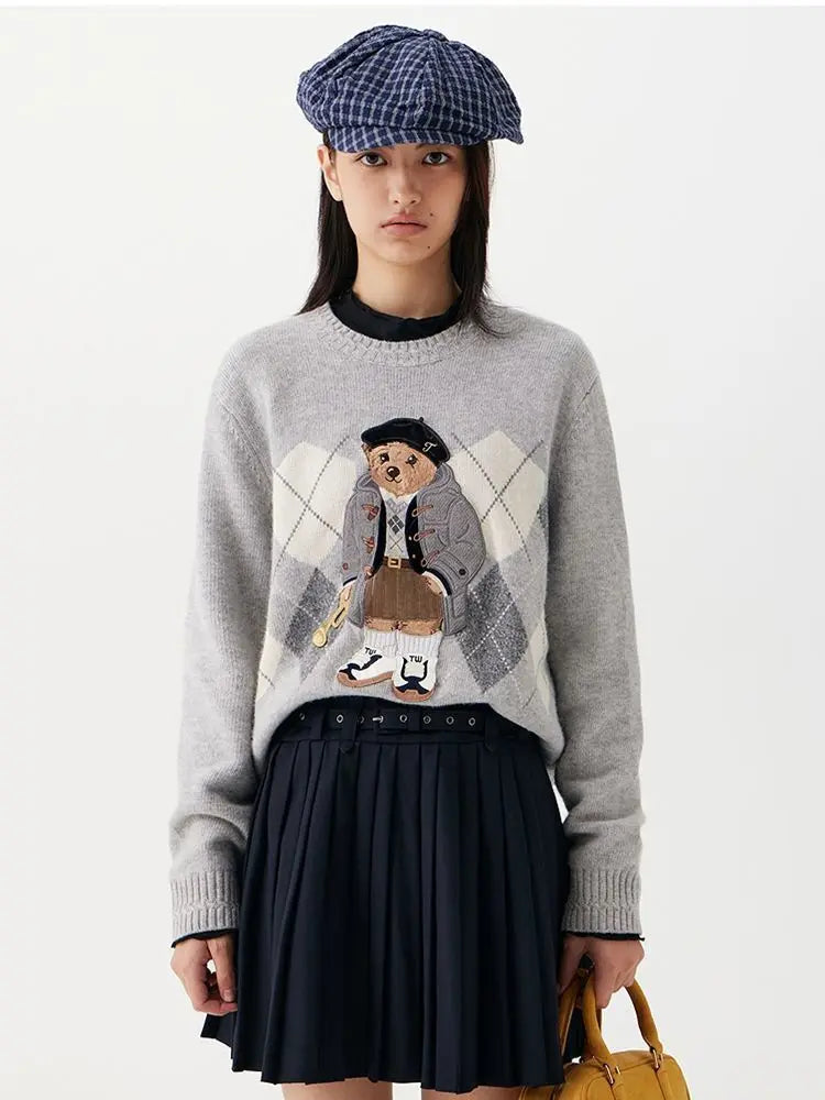 High Street Luxury French Ladies Embroidery Bear Knitted Pullover Sweater For Women Fashion Casual Knitwear Tops Pull Femme