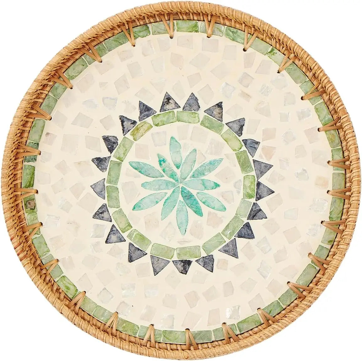 Round Rattan Tray with Mother of Pearl Inlay Rattan Serving Tray Wooden Base Storage and Display of Coffee Bread Food Fruit