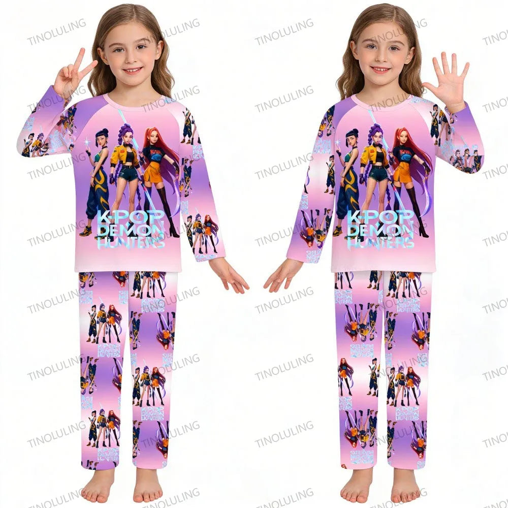 KPop Demon Hunters Huntrix Kids Pajamas Set Long Sleeve Girls Clothing 2pcs Children's Sleepwear Cartoon Boys Nightwear 3-14Y