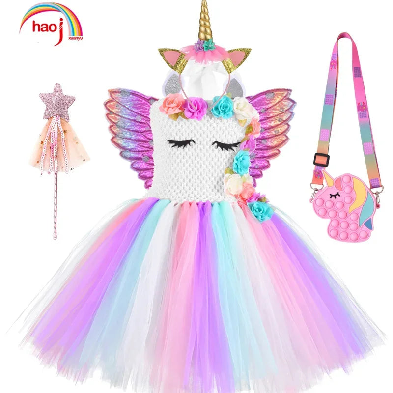 Rainbow Unicorn Dress with Flower Angel Wings Party Dress Princess Costume Cosplay Pony Ball Gown Baby Kids Dresses for Girls