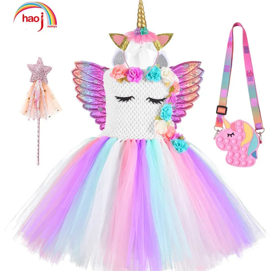 Rainbow Unicorn Dress with Flower Angel Wings Party Dress Princess Costume Cosplay Pony Ball Gown Baby Kids Dresses for Girls