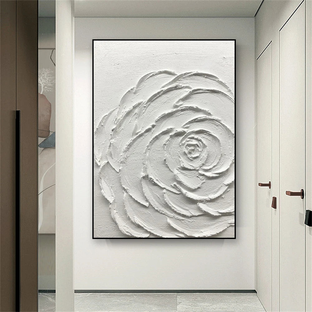 White Textured Flower Painting Poster Heavy Textured Minimalist Wall Art Canvas Painting Prints Home Living Room Decoration