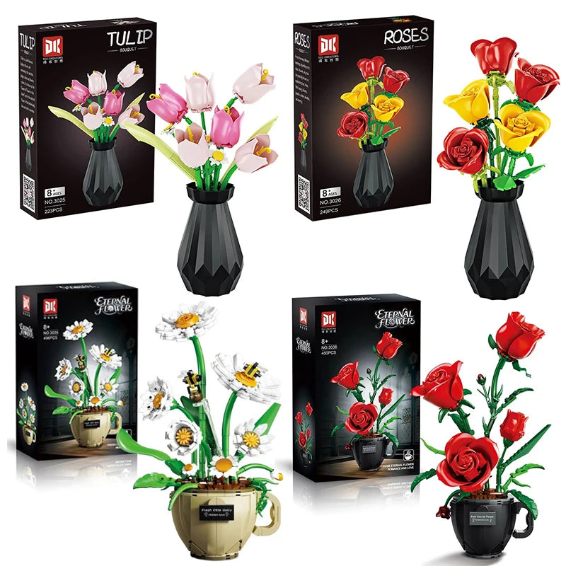 Creative Daisy Tulip Rose Potted Plant Bouquet Ornaments Educational Assembling Building Block Toy Gift Flower Home Decoration