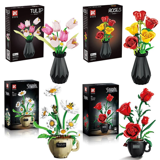 Creative Daisy Tulip Rose Potted Plant Bouquet Ornaments Educational Assembling Building Block Toy Gift Flower Home Decoration