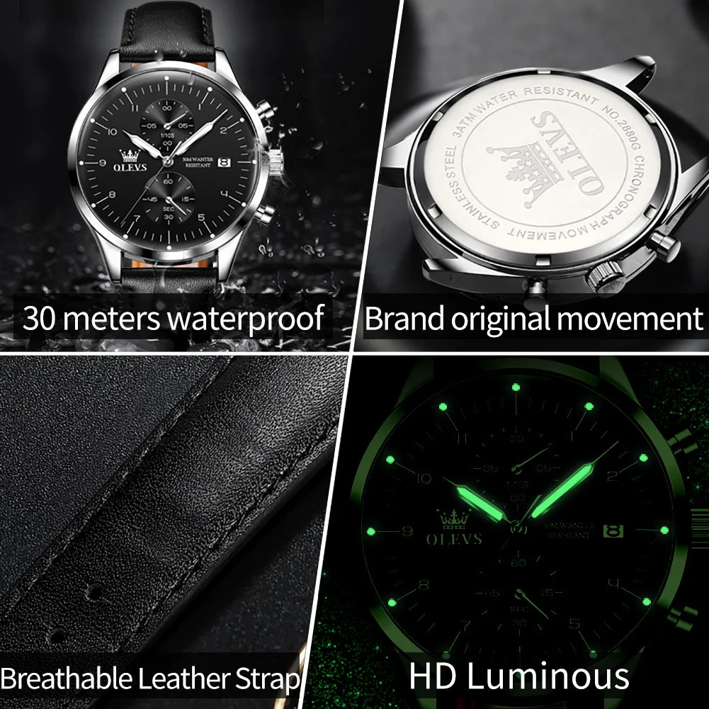 OLEVS 2880 Men Quartz Watch Business Dress Wristwatch Leather Luminous Date 30M Water Resistant Chronograph Style Dial