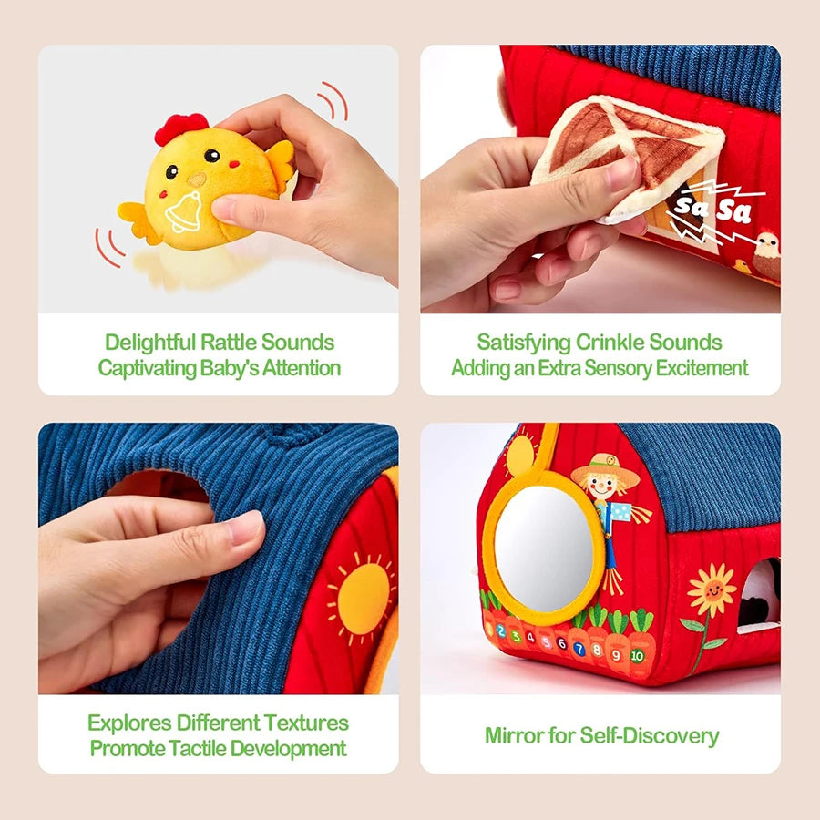 Baby Toys 6-12 Months Soft Baby Beehive with 5 Sensory Bee Rattle Mirror Crinkle Squeaker Busy Montessori Soft Toy for Toddlers
