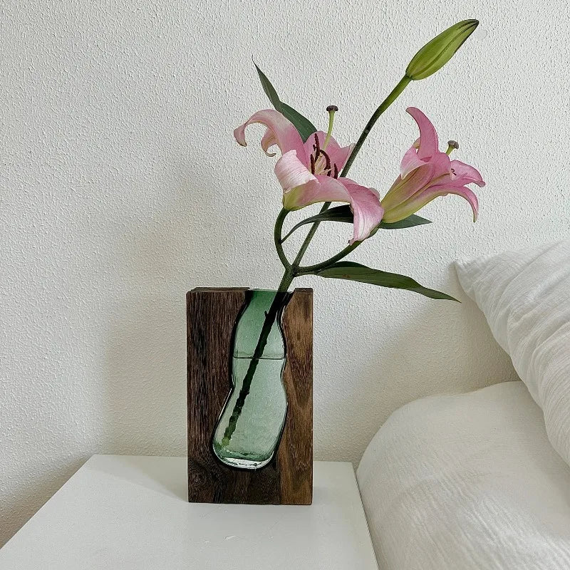 Green Glass Vase with Solid Wood Base Wabi-Sabi Style Rustic Floral Display Jar for Chinese New Year Entryway Flower Decoration