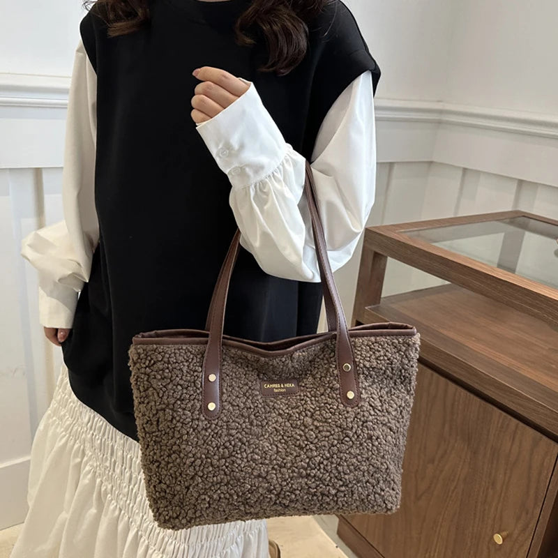 Soft Handbag Large Capacity Fall Winter Shoulder Bag Women Lamb Wool Tote Bag Zipper Closure Casual Shopping Traveling Tote