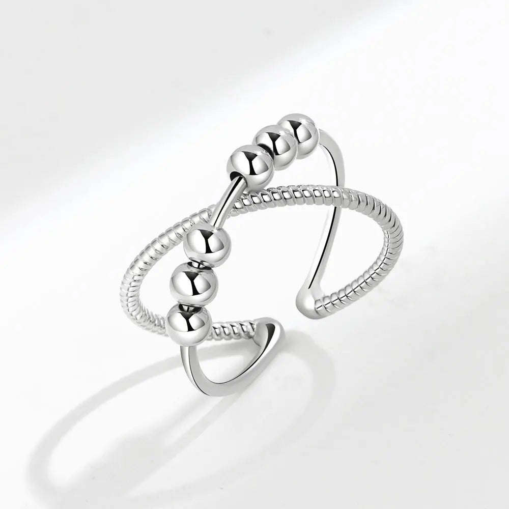 Vintage Round Beads Rotating Anti Stress Ring For Women Twisted Fidget Metal Spinner Anxiety Relief Spinning Ring Bague Femme