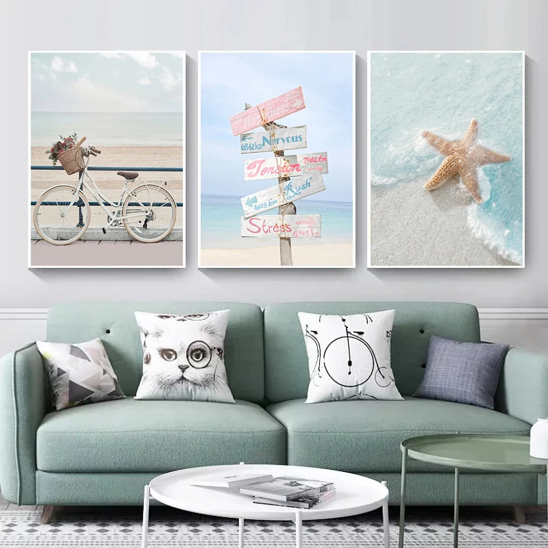 Beach Sea Ocean Canvas Wall Art Poster Bridge Leaves Turtle Seagull Print Painting Vibrant Summer Picture Nordic Home Decoration