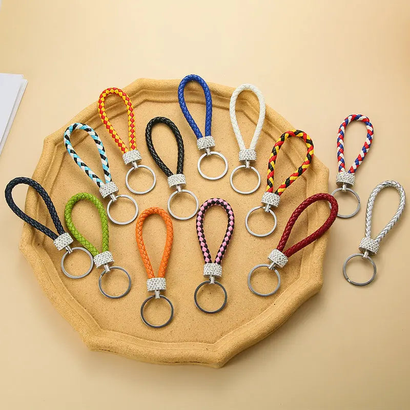 Creative Hand Woven Leather Car Keychain With Diamond Women Men Wallet Backpack Charm Bling Crystal Rope Keyring For Couple Gift