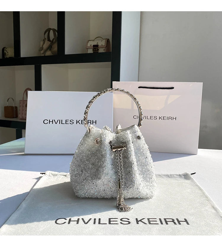 Luxury Designer Colorful Stones Evening Clutch Bag Wedding Party Bucket Purse Metal Handle Women Handbag Shoulder Messenger Bag