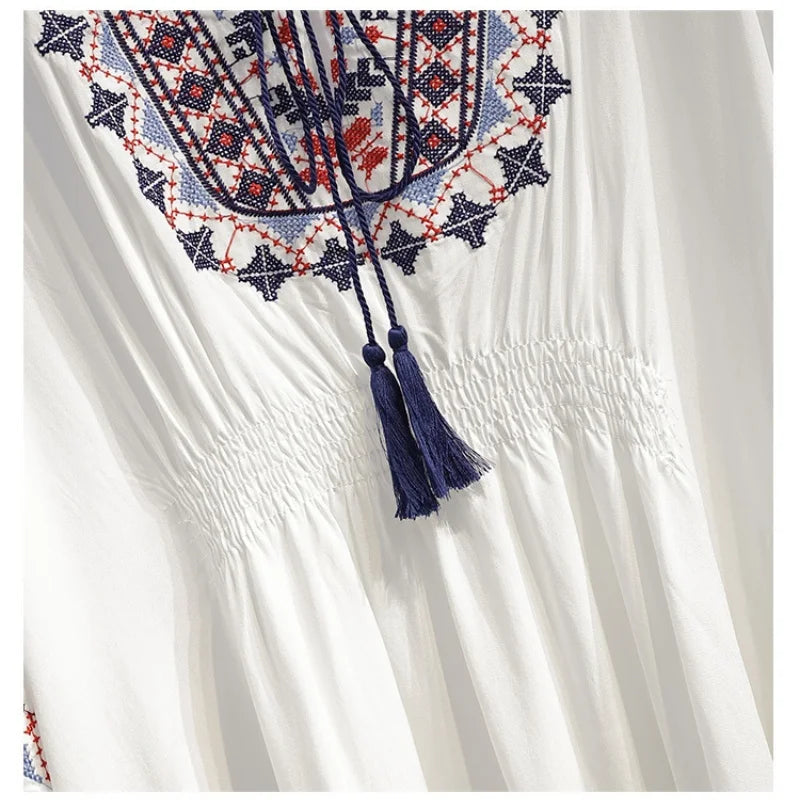 Women Summer Tees Retro Boho Style Embroidery Blouses Cloak Top Loose Cotton Lace Hem Bat sleeve Kimono Shirts Blusa Feminina