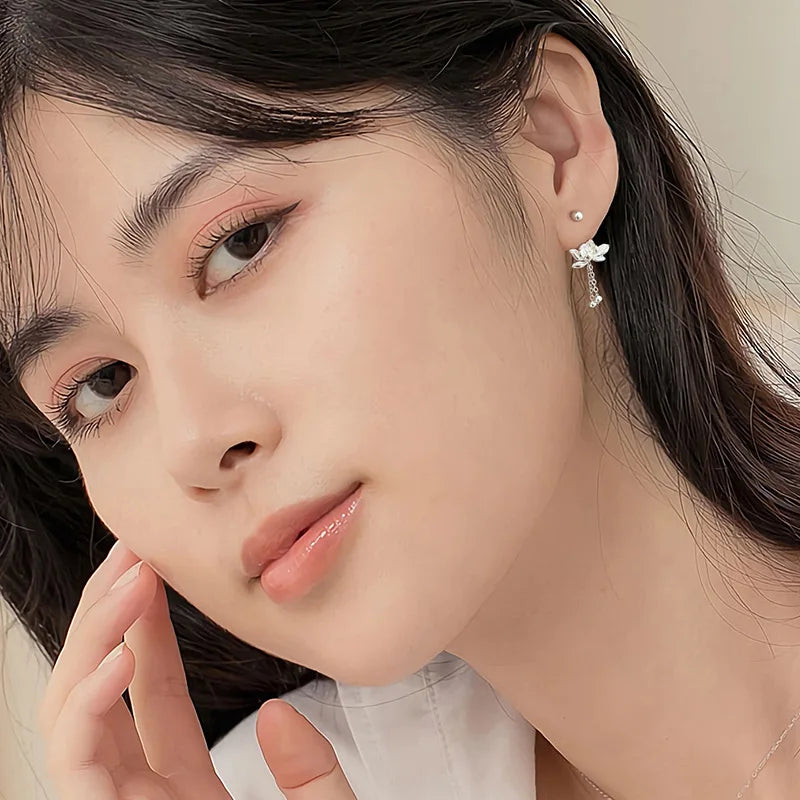 YILUOCD 925 Sterling Silver Lotu Flower Stud Earrings Vintage Tassel  Flower Earrings for Women Cute Sweet Irregular Jewelry