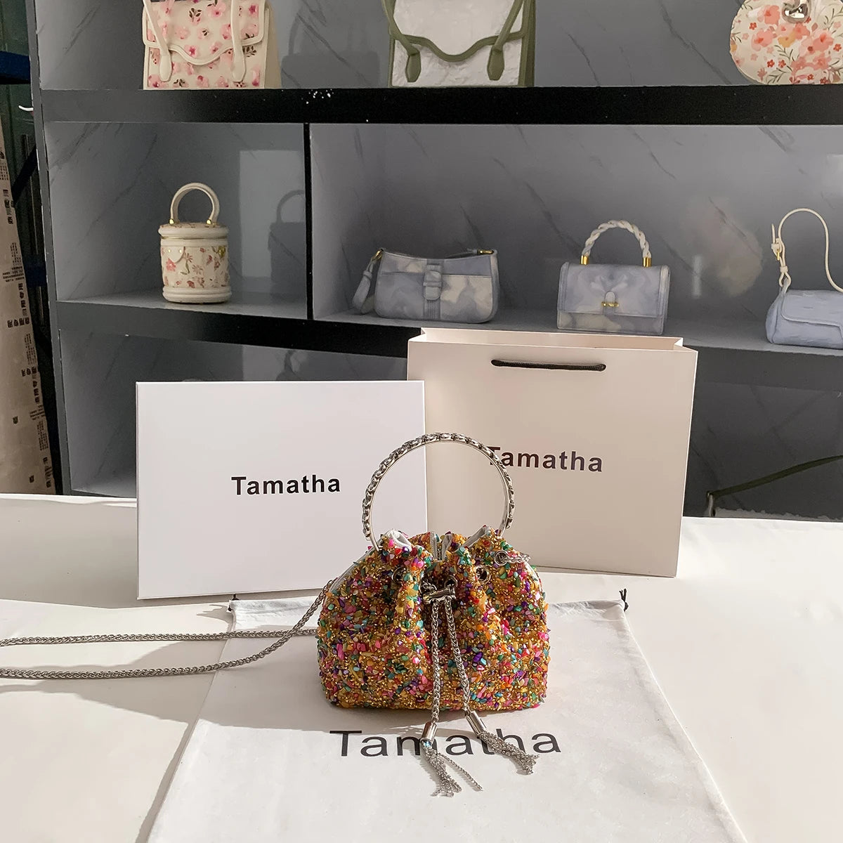 Luxury Designer Colorful Stones Evening Clutch Bag Wedding Party Bucket Purse Metal Handle Women Handbag Shoulder Messenger Bag