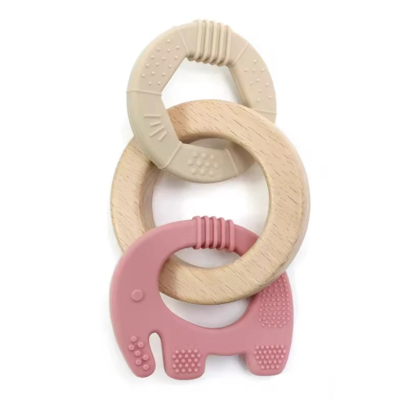 Baby Teething Toys Silicone Wooden Ring Teether BPA Free Cute Elephant Babies Chew Toy for Boys and Girls Newborn Gifts
