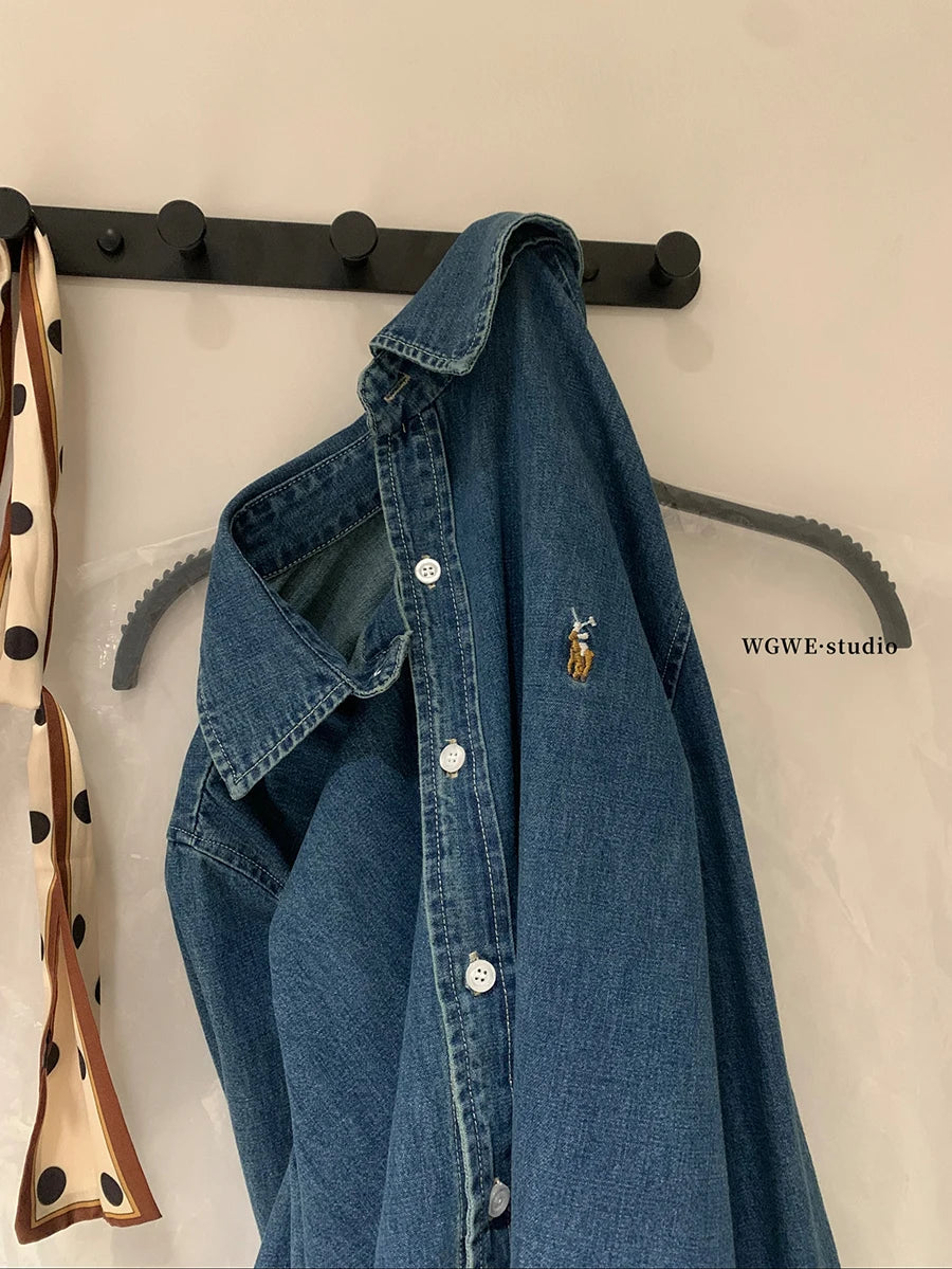 Retro Washed Denim Shirt with  Logo Classic Preppy Style Long Sleeve Women's Casual Fashion Autumn Season Button Closure