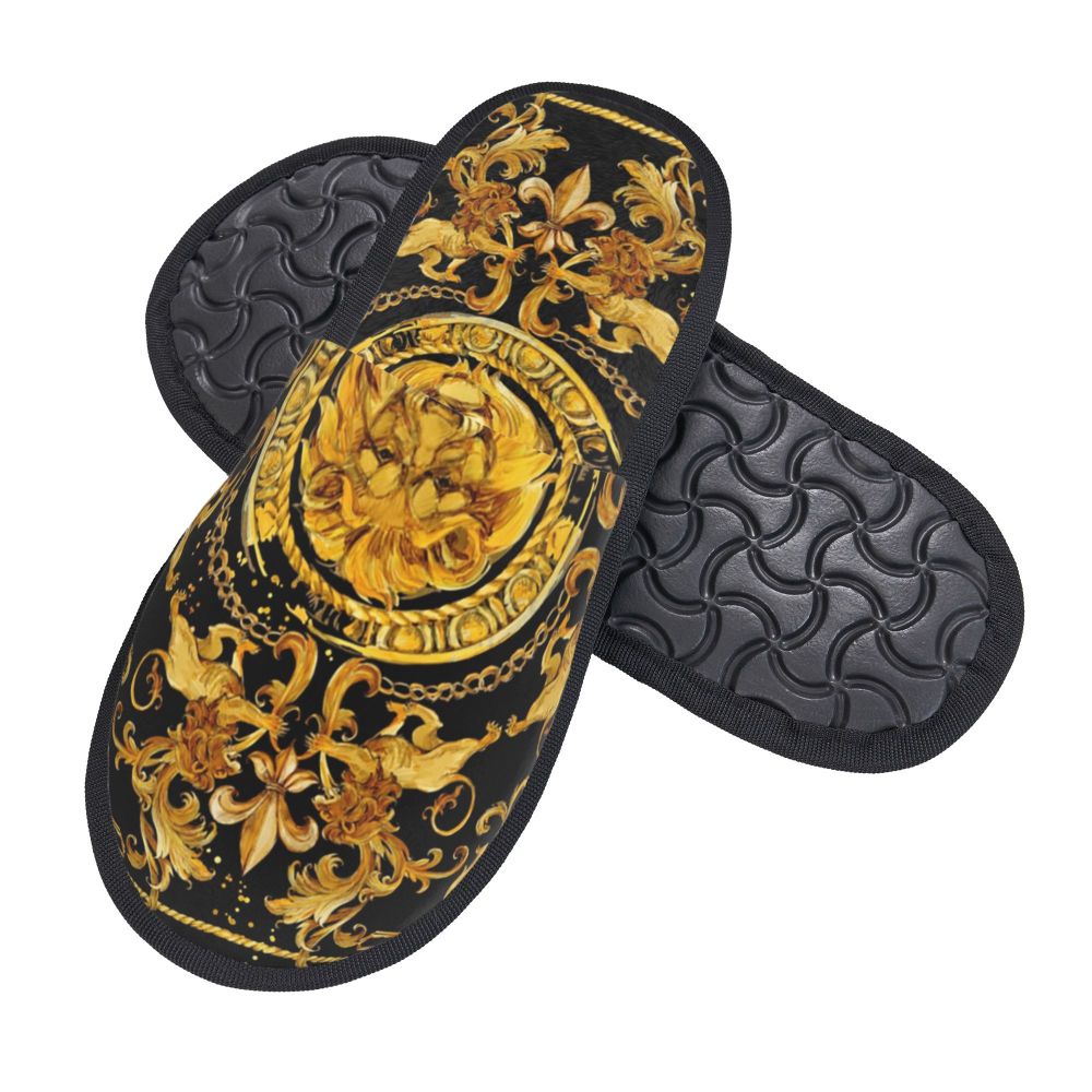 Custom Vintage Baroque Prints Greek Ornament Golden Meander Meandros Soft Scuff Memory Foam Slippers Women Hotel House Shoes
