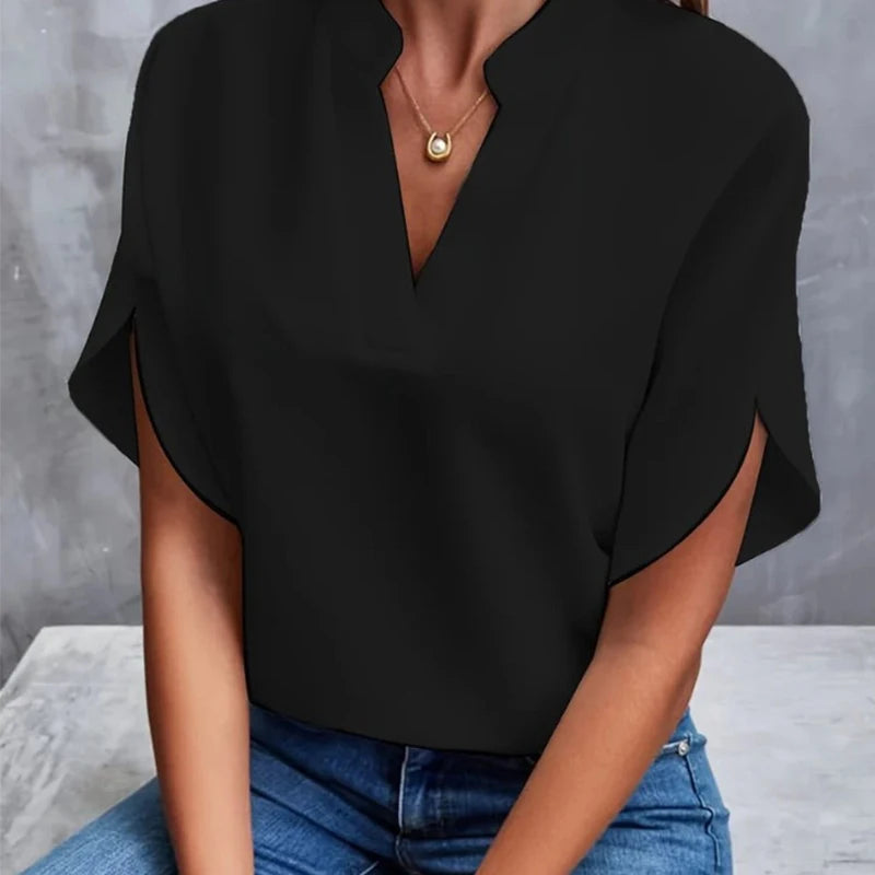 1pcs Woman New Summer Solid Color Shirts Lady Casual Short Sleeve V-neck Collar Loose Shirts Female Fashion Pullover Tops