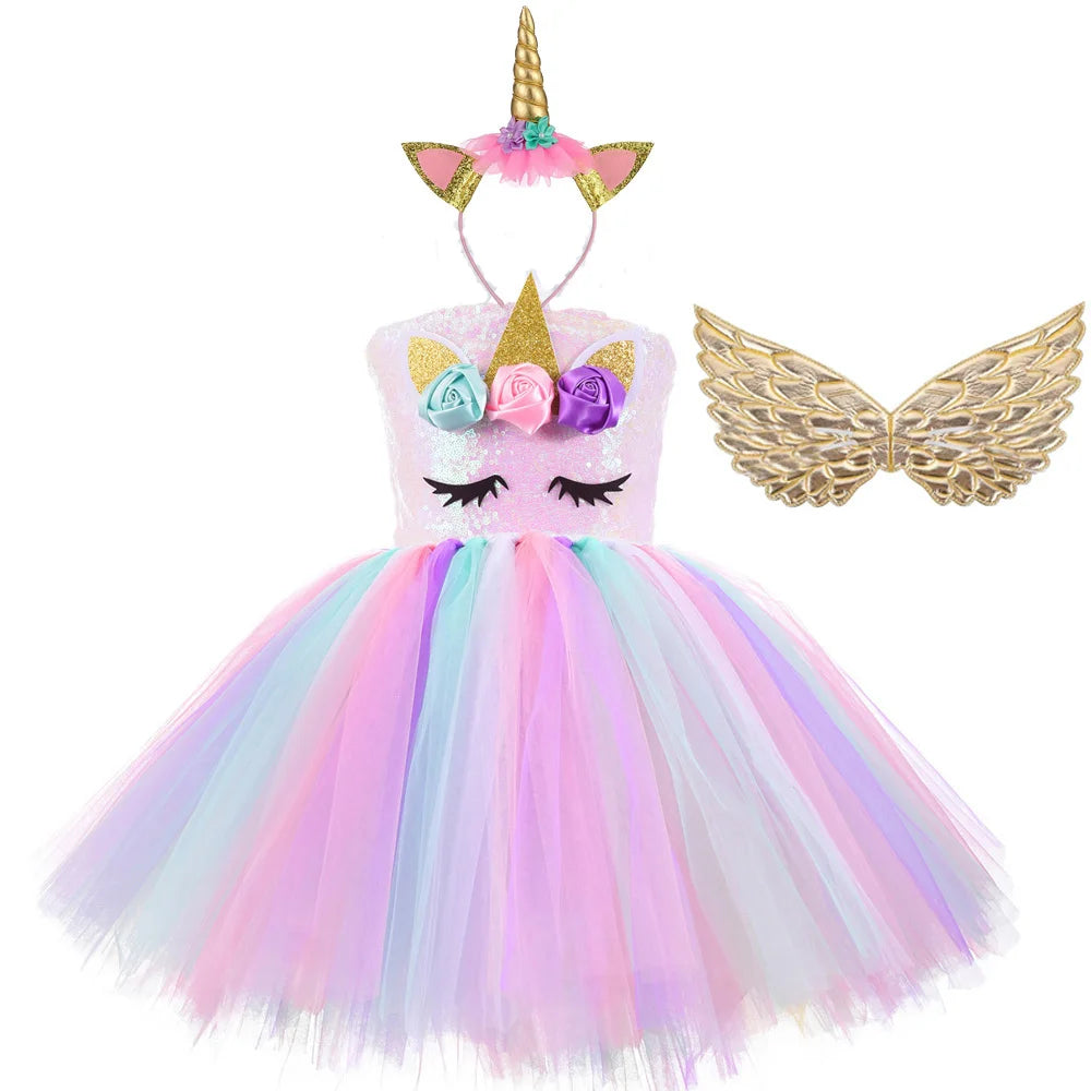 Rainbow Unicorn Dress with Flower Angel Wings Party Dress Princess Costume Cosplay Pony Ball Gown Baby Kids Dresses for Girls