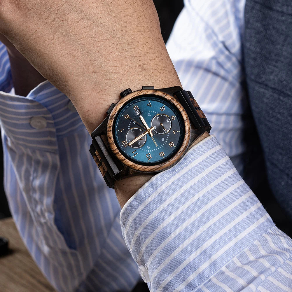 Wooden Watch for Men BOBO BIRD Chronograph Wristwatch with Luminous Hands Wood Watches Anniversary Gift for Him