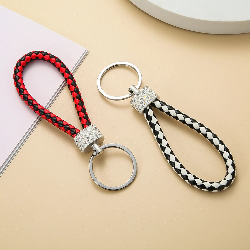 Creative Hand Woven Leather Car Keychain With Diamond Women Men Wallet Backpack Charm Bling Crystal Rope Keyring For Couple Gift