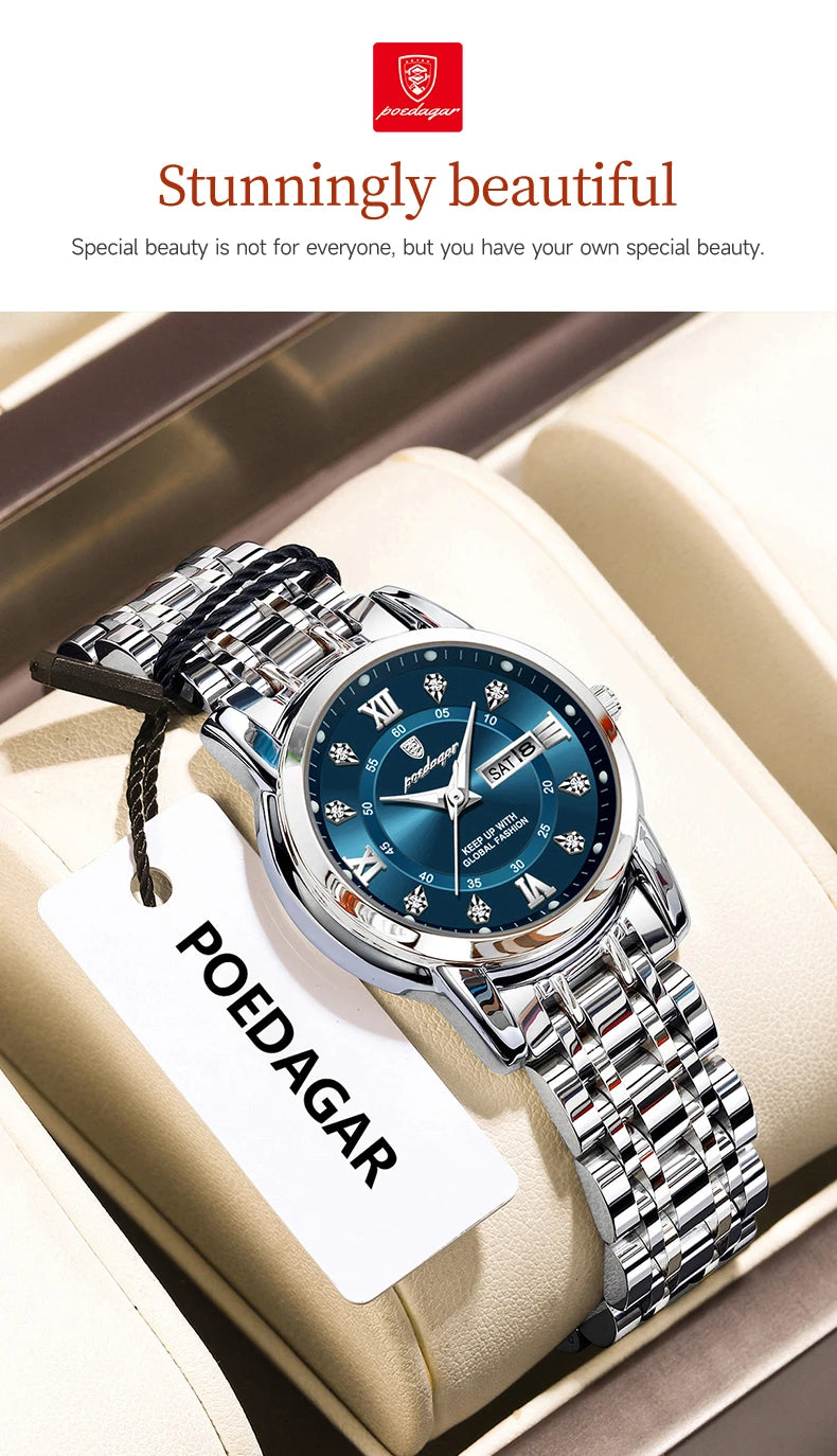 POEDAGAR Luxury Women Wristwatch Waterproof Luminous Date Week Women's Watches Stainless Steel Elegant Dress Quartz Ladies Watch