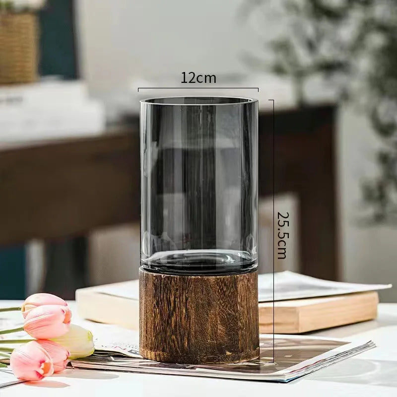 Vases Simple European Hydroponic Plant Household Living Room Table  Inserted Flower Wood Base Transparent Glass Vase Home Decor