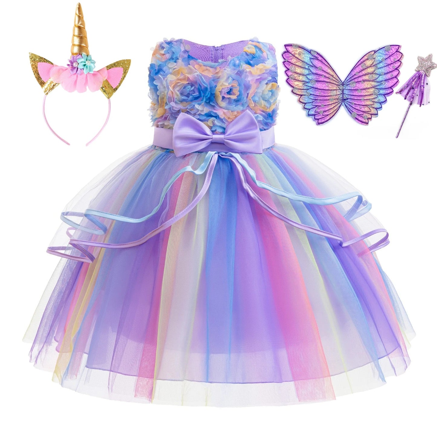 Summer Dress Girl Unicorn Cosplay Costume Children's Day Mesh Rainbow Tulle Princess Dress for Birthday Gift Kids Fashion Dress