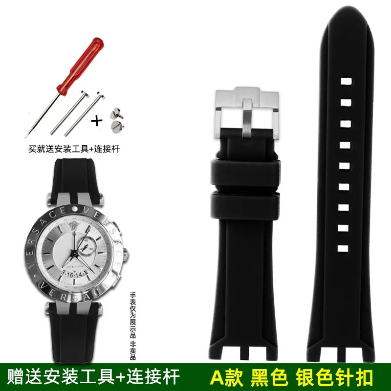 Rubber Watch Band For Versace V-RACE DUAL Series Strap Silicone Watch Accessories 24mm Waterproof Belt Notch Special Concave