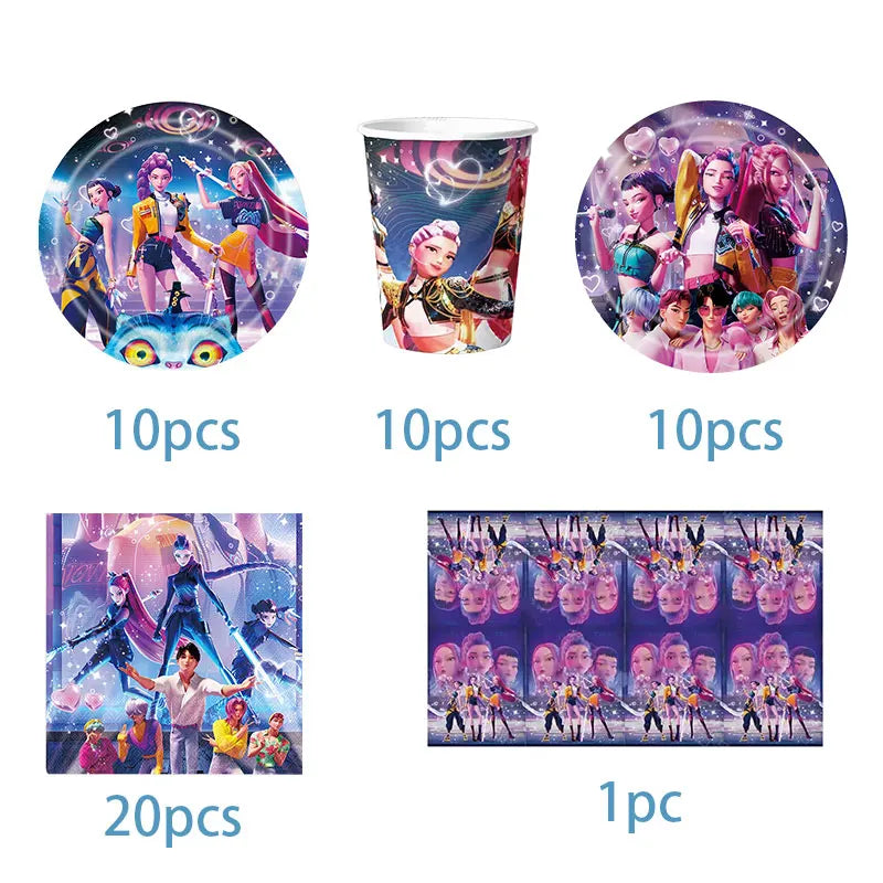 New Anime Kpop Demon Hunters Birthday Party Decorations Set Kpop Theme Cup Plate Gift Bags Balloons Banner Supplies Girls Favors