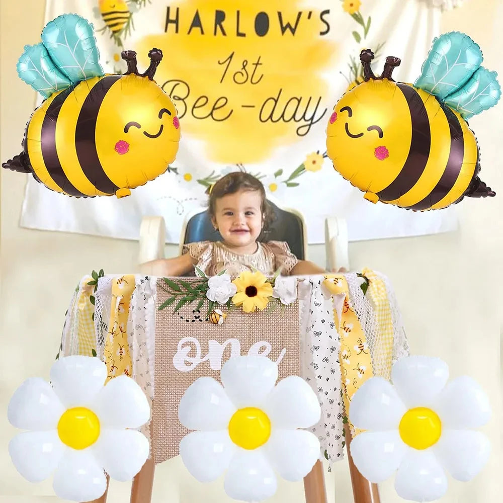 Bee Balloon and Daisy Flower Balloon Garland kit Aluminum Foil Baloon Pink Yellow Ballon for Bee Theme Birthday Party Decoration