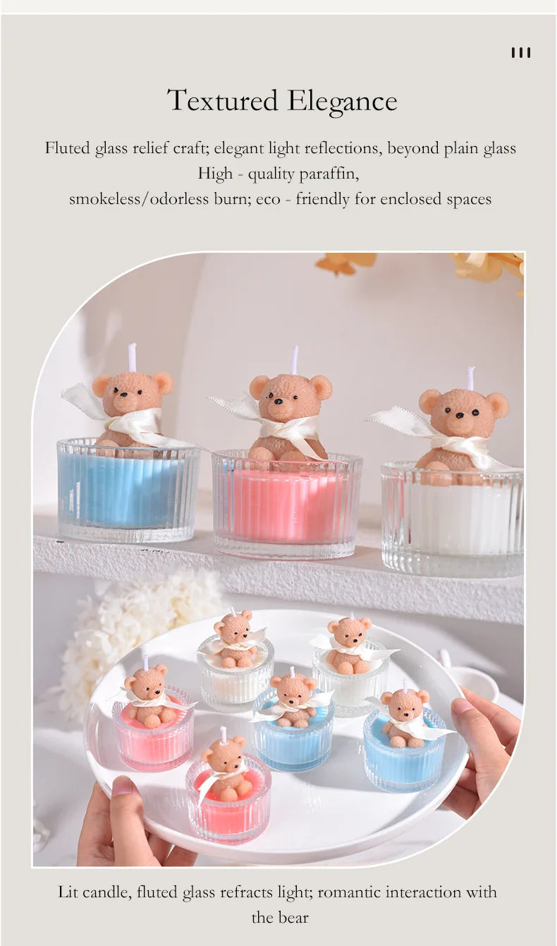 Scented Luxury Teddy Bear Soy Candle in Glass Jar with Ribbon, Creamy Pastel Gifts for Women, Bridal Shower & Holiday Favors