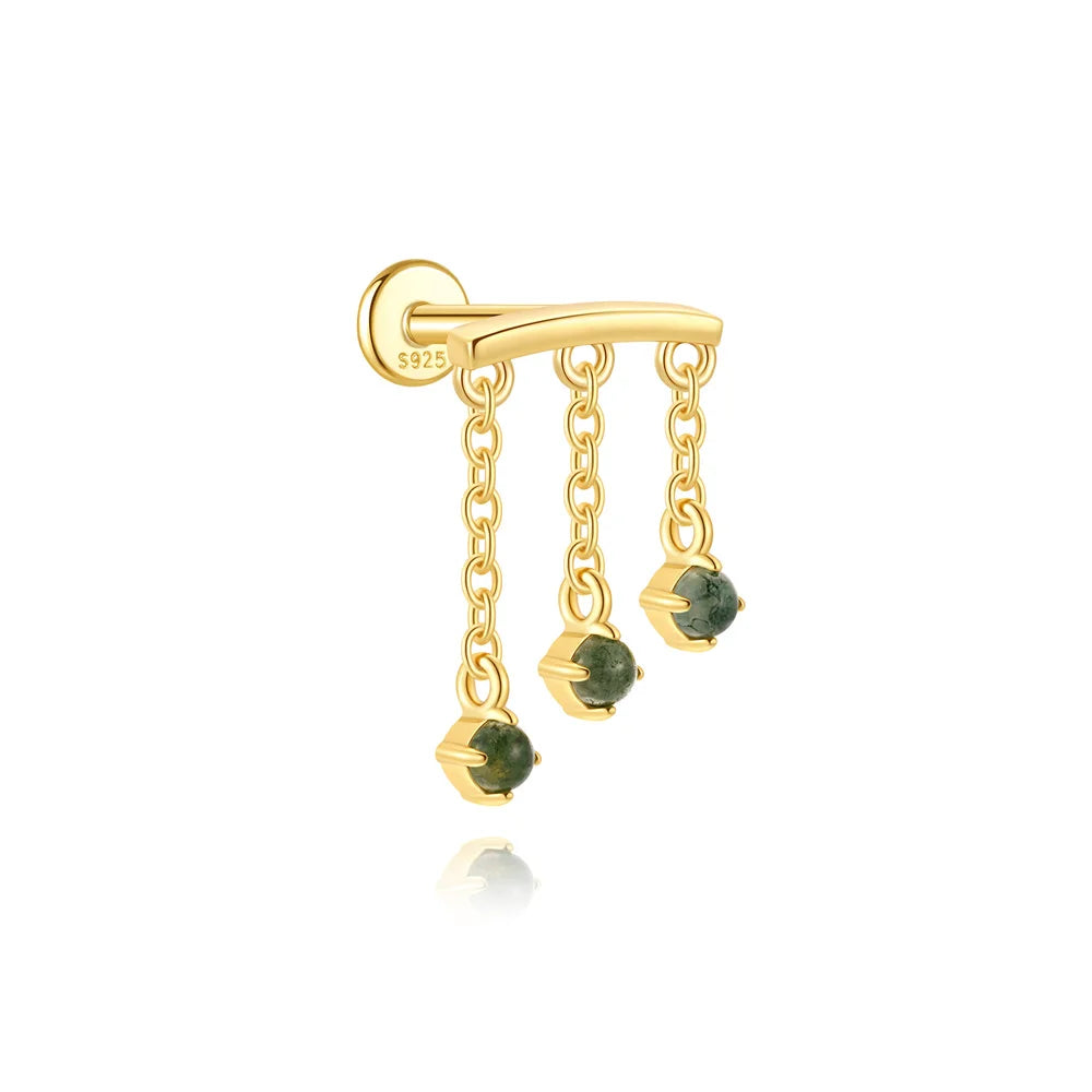 AIDE Water Grass Agate 925 Sterling Silver Flat Head Thread Piercing Earring Green Moss Piercing Ear Bone Earring Jewelry 1pc
