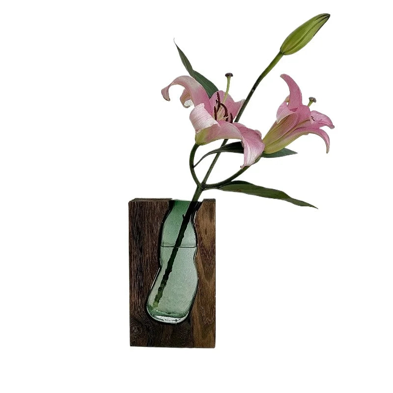 Green Glass Vase with Solid Wood Base Wabi-Sabi Style Rustic Floral Display Jar for Chinese New Year Entryway Flower Decoration