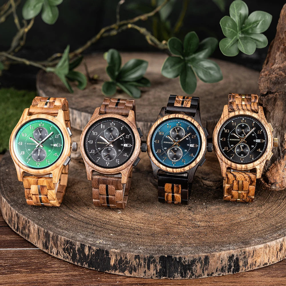 Wooden Watch for Men BOBO BIRD Chronograph Wristwatch with Luminous Hands Wood Watches Anniversary Gift for Him