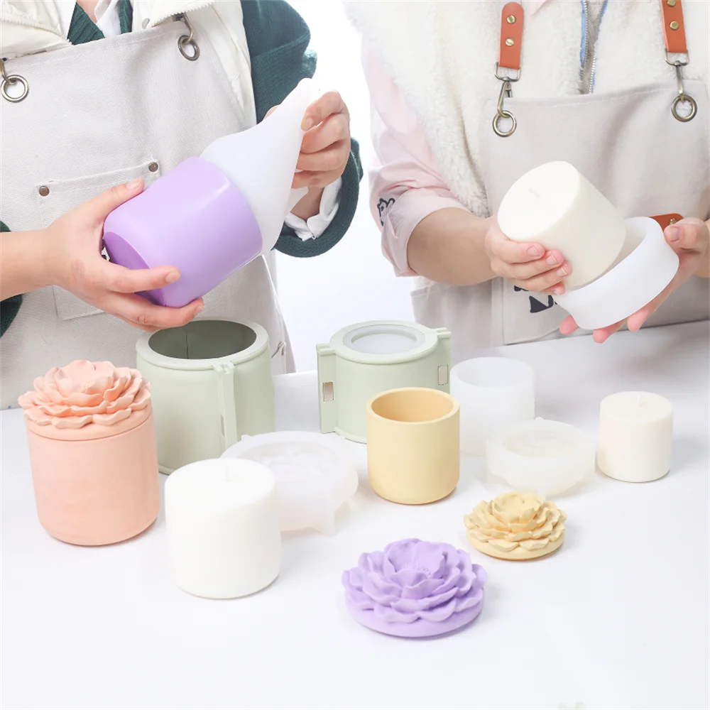 Nicole Camellia Candle Jar Jesmonite Silicone Mold Reusable Candle Refill Mold DIY Flower Concrete Gypsum Mould