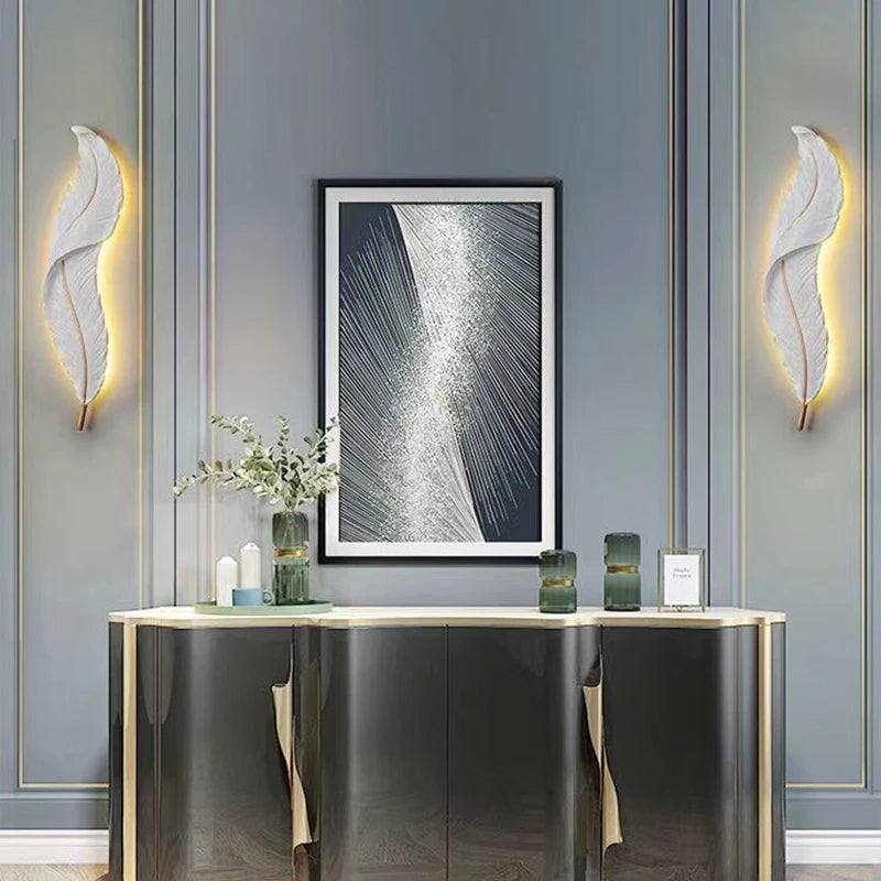 Nordic feather wall lamp, living room, bedroom, headboard, foyer, creative feather lamp, resin aisle, minimalist background ligh