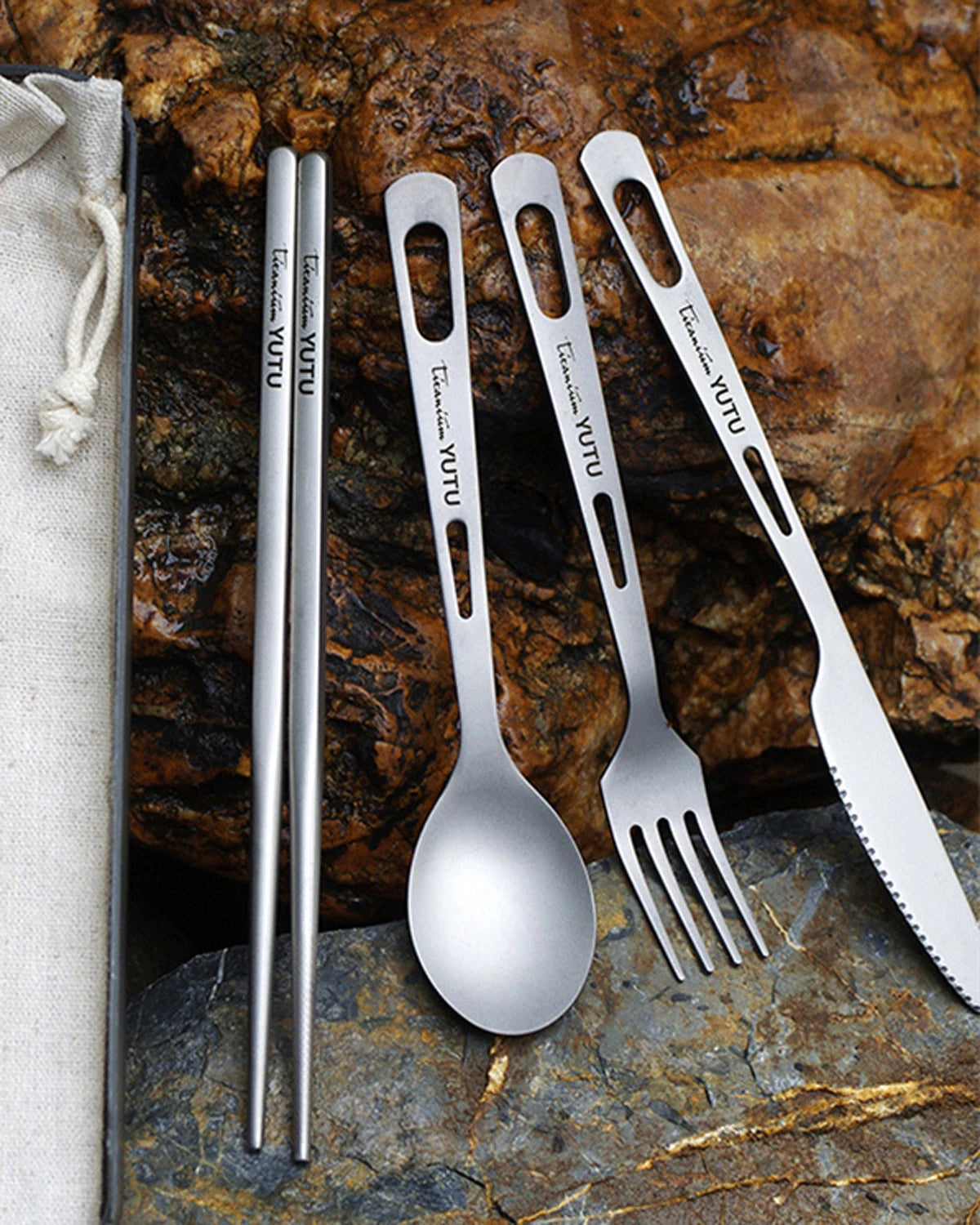 Pure Titanium Tableware Set Household Frosted Knife and Fork Spoon Chopsticks Travel Camping Portable Knife Fork Set