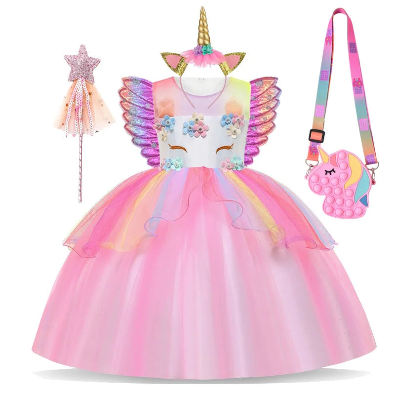 Summer Dress Girl Unicorn Cosplay Costume Children's Day Mesh Rainbow Tulle Princess Dress for Birthday Gift Kids Fashion Dress